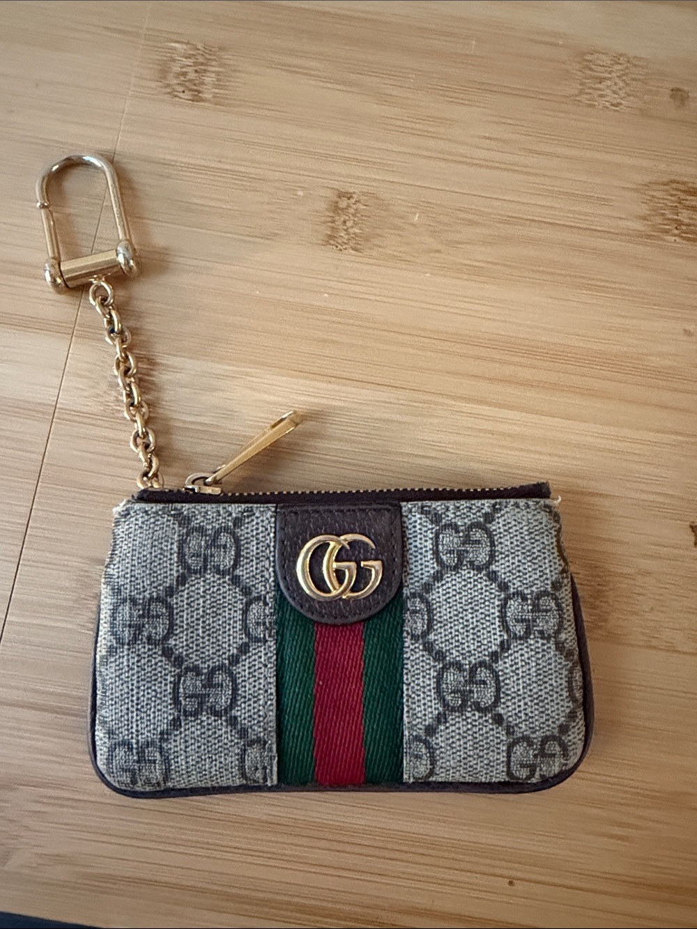 Gucci Beige/Tan GG Monogram Key Pouch with Green & Red Web Stripe